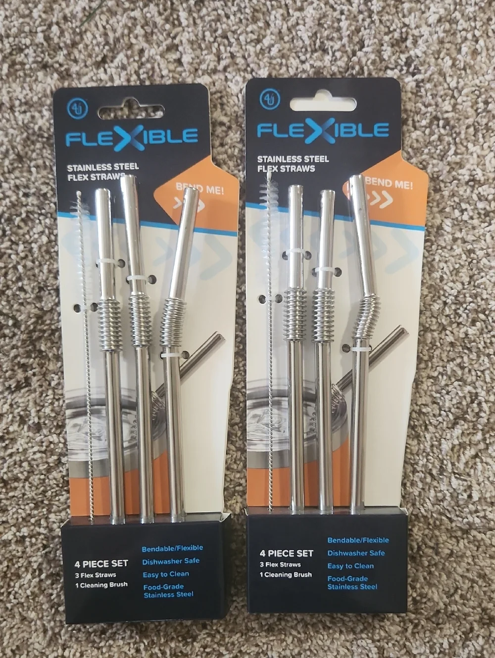 Flexi Stainless Steel Flexible Straws - Silver (2 Pack) 6 Straws, 2 Cleaners